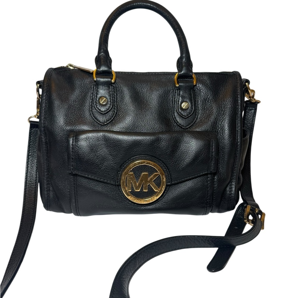 Michael Kors Black Leather Satchel‎ Crossbody Bag MK Logo